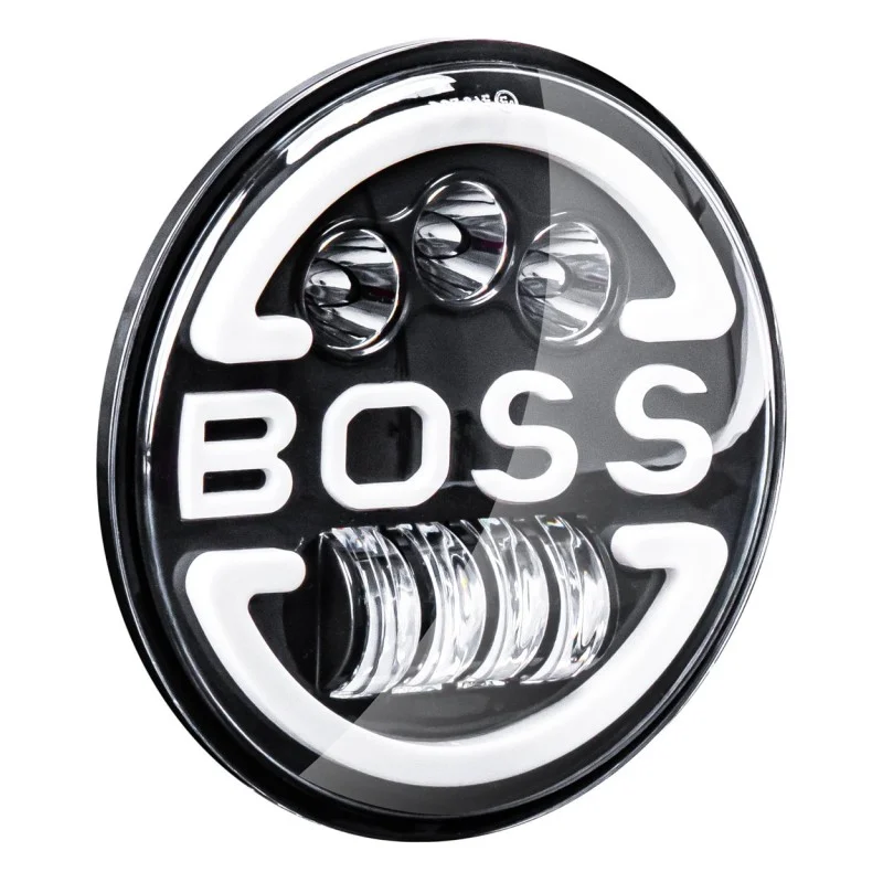 Lampa Suplimentara LED pentru Vehicule Off-Road, ATV, SSV, cu inscriptie BOSS si functii: Faza Lunga, Faza Scurta, Semnalizare, Pozitie, tensiune alimentare 9 - 36V, diametru Ø170 mm, AMIO