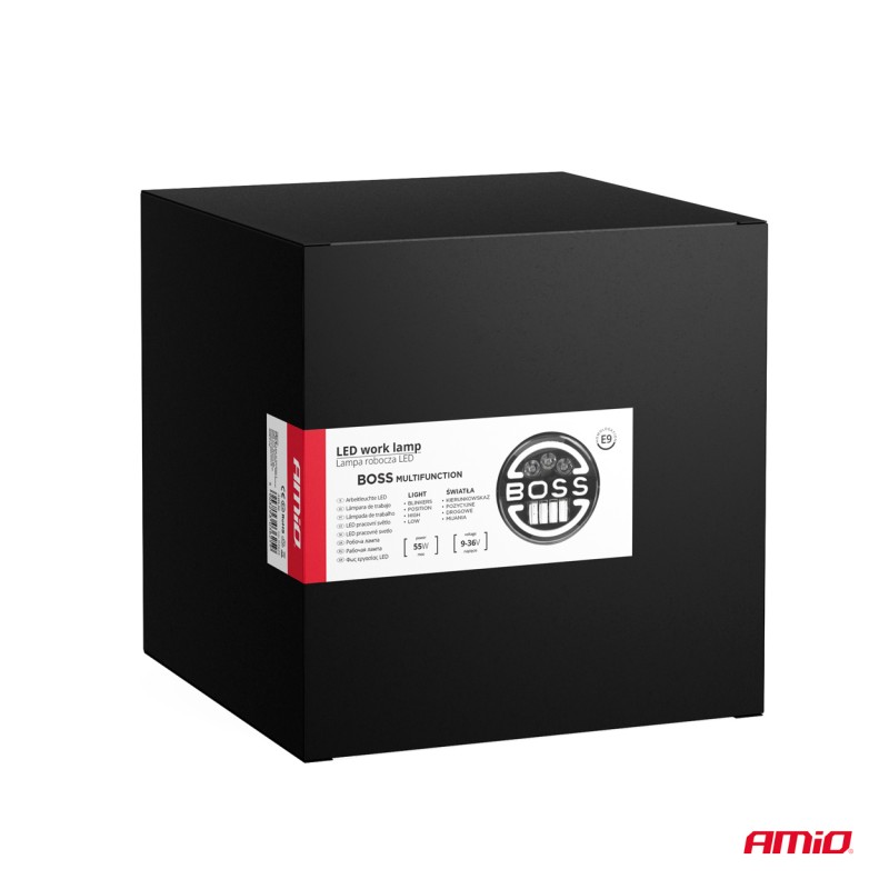 Lampa Suplimentara LED pentru Vehicule Off-Road, ATV, SSV, cu inscriptie BOSS si functii: Faza Lunga, Faza Scurta, Semnalizare, Pozitie, tensiune alimentare 9 - 36V, diametru Ø170 mm