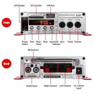 MINI amplificator auto, stereo, 12V, 40 W, radio FM, citire USB sau card SD, cu telecomanda