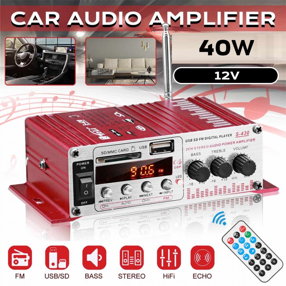 MINI amplificator auto, stereo, 12V, 40 W, radio FM, citire USB sau card SD, cu telecomanda - AVX-MRS430 - AVEX
