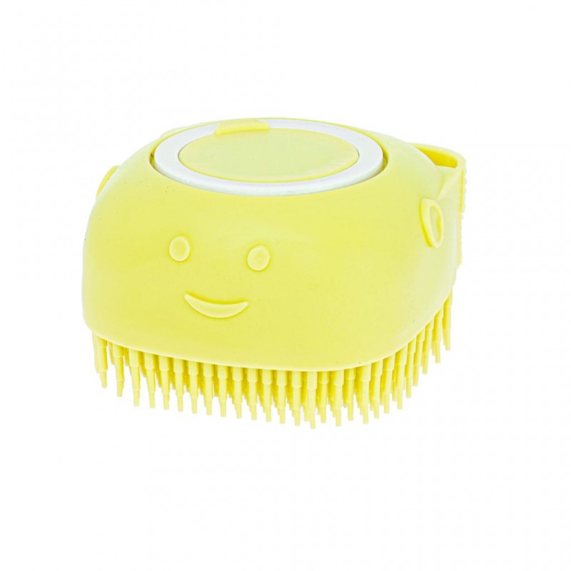 Perie din silicon cu dozator de sampon pentru spalare caini sau pisici, 7,5 x 7,5 cm, culoare galben