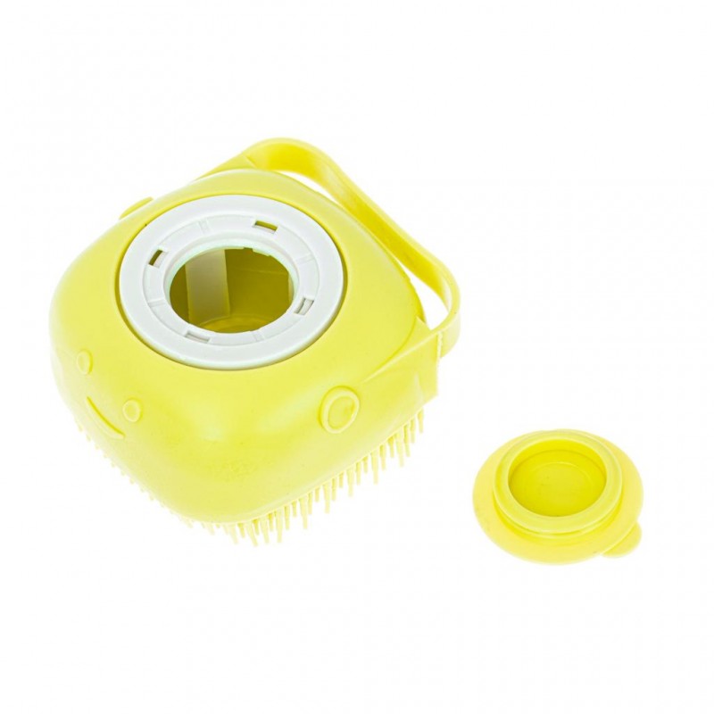 Perie din silicon cu dozator de sampon pentru spalare caini sau pisici, 7,5 x 7,5 cm, culoare galben