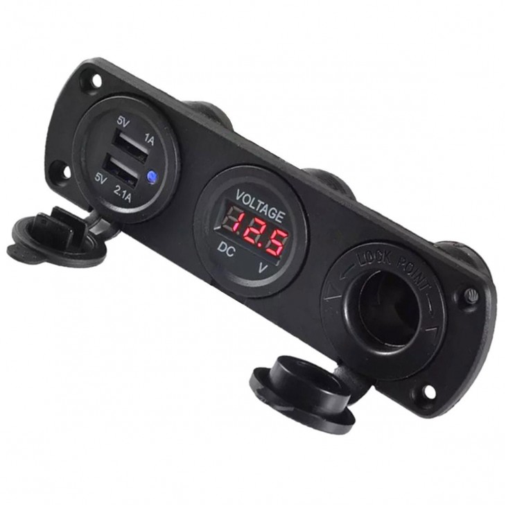 Priza de Bricheta Universala, etansa, cu Voltmetru si incarcare 2 x USB, pentru vehicule offroad, ATV, SSV, quad, moto sau utilaje agricole, alimentare 12V - AVX-PLS37 - AVEX