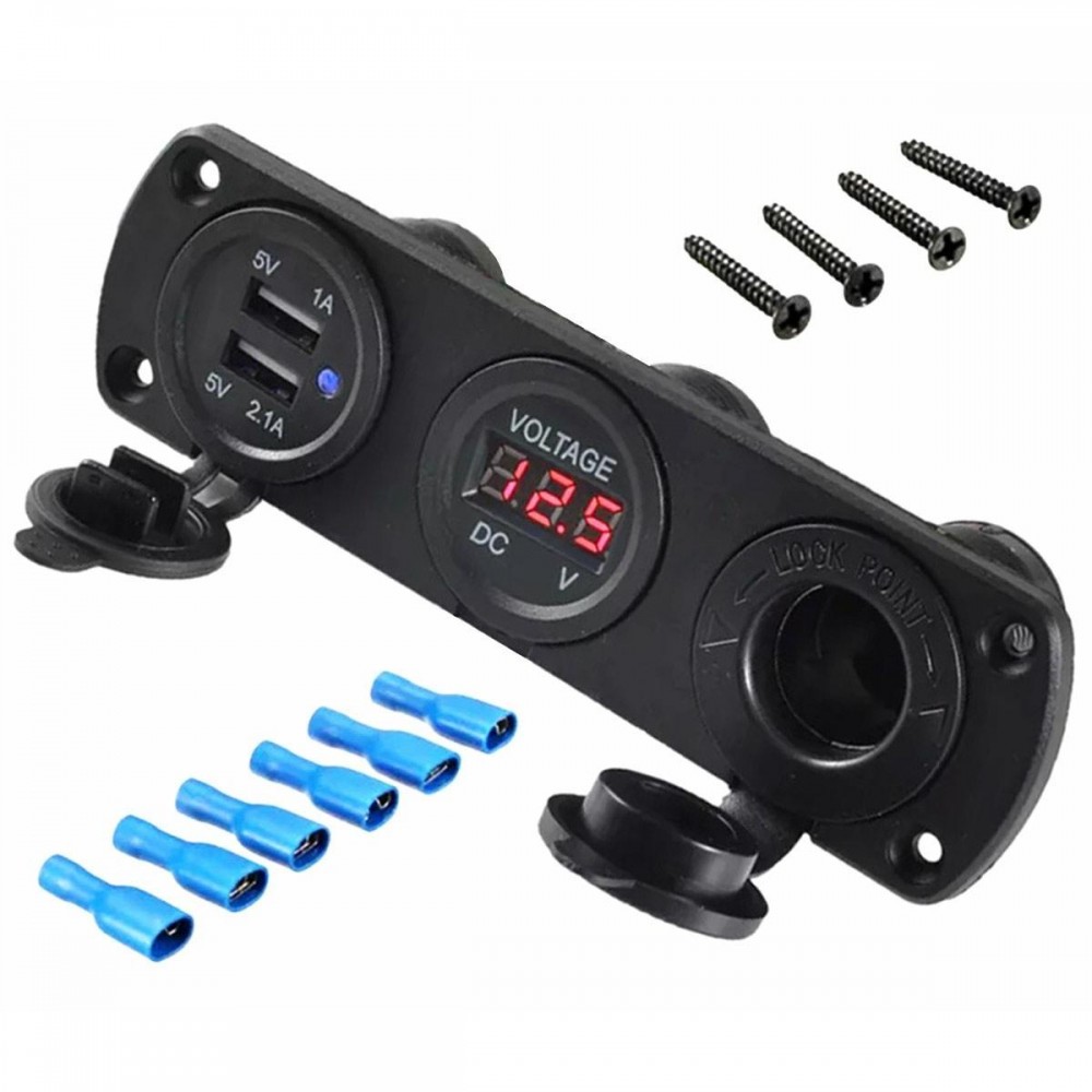 Priza de Bricheta Universala, etansa, cu Voltmetru si incarcare 2 x USB, pentru vehicule offroad, ATV, SSV, quad, moto sau utilaje agricole, alimentare 12V - AVX-PLS37 - AVEX