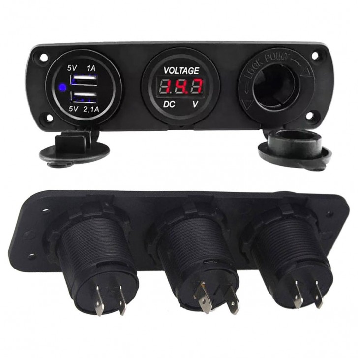 Priza de Bricheta Universala, etansa, cu Voltmetru si incarcare 2 x USB, pentru vehicule offroad, ATV, SSV, quad, moto sau utilaje agricole, alimentare 12V - AVX-PLS37 - AVEX
