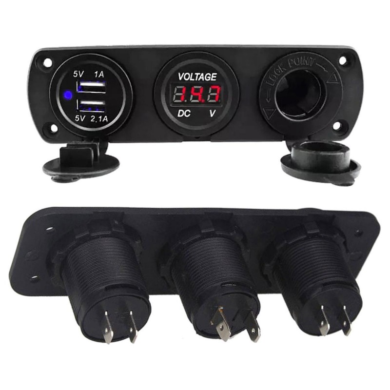 Priza de Bricheta Universala, etansa, cu Voltmetru si incarcare 2 x USB, pentru vehicule offroad, ATV, SSV, quad, moto sau utilaje agricole, alimentare 12V
