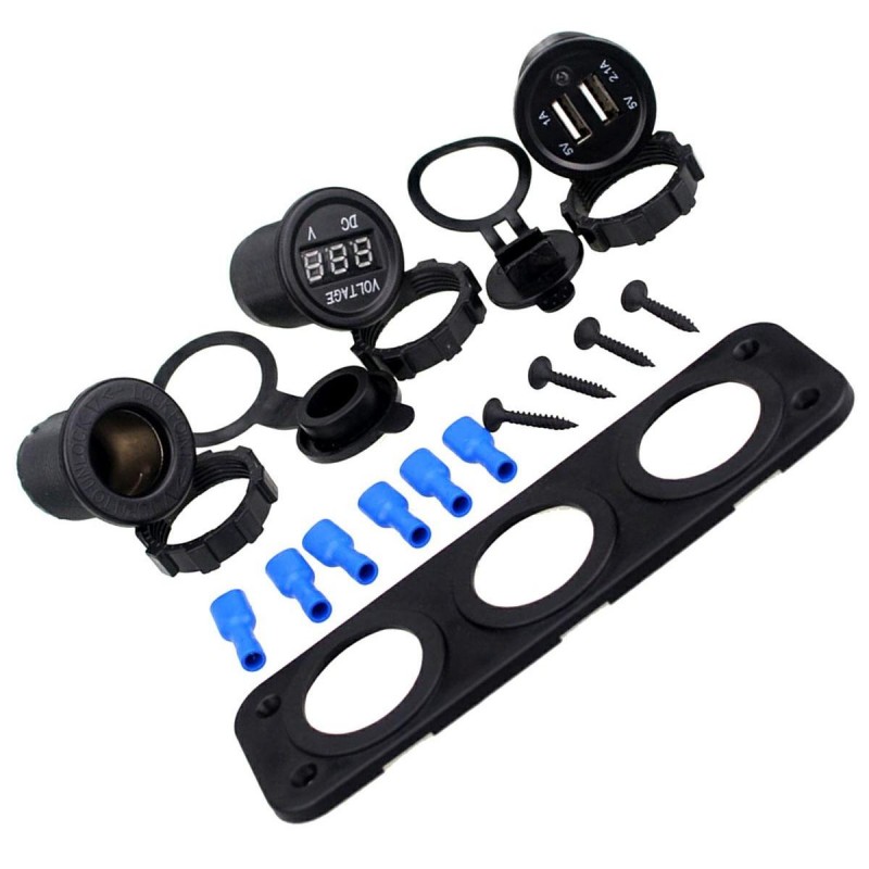 Priza de Bricheta Universala, etansa, cu Voltmetru si incarcare 2 x USB, pentru vehicule offroad, ATV, SSV, quad, moto sau utilaje agricole, alimentare 12V