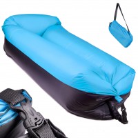 Saltea Autogonflabila Lazy Bag tip sezlong, 185 x 70cm, culoare Negru-Albastru, pentru camping, plaja sau piscina