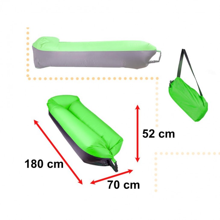 Saltea Autogonflabila Lazy Bag tip sezlong, 185 x 70cm, culoare Negru-Verde, pentru camping, plaja sau piscina - AVX-KX5566_1 - AVEX