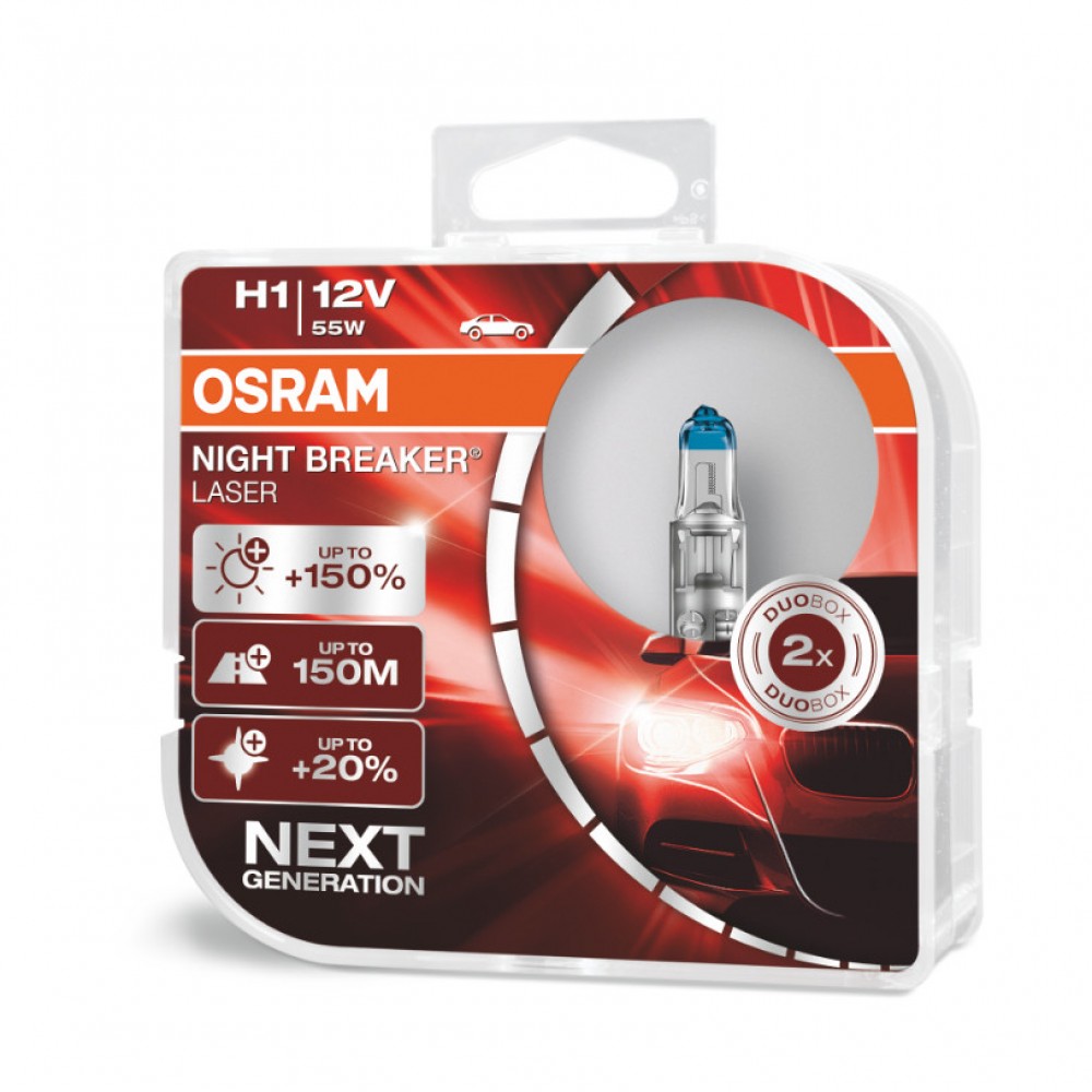Set 2 becuri auto cu halogen Osram H1 12V 55W P14,5s Night Breaker Unlimited +150% - AVX-AMO-64150NL-HCB - Osram