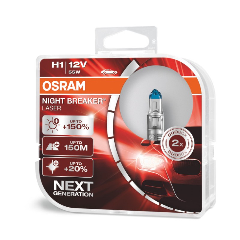 Set 2 becuri auto cu halogen Osram H1 12V 55W P14,5s Night Breaker Unlimited +150% - AVX-AMO-64150NL-HCB - Osram