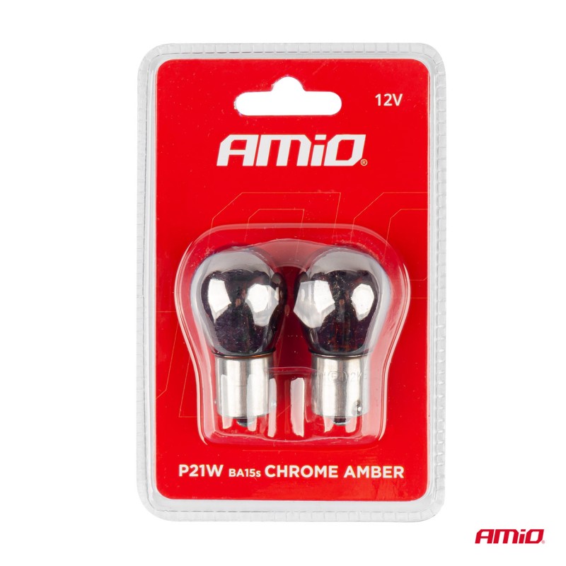 Set 2 becuri cu halogen, cromate, soclu P21W, BA15s, alimentare 12V - AVX-AM03110 - AMIO