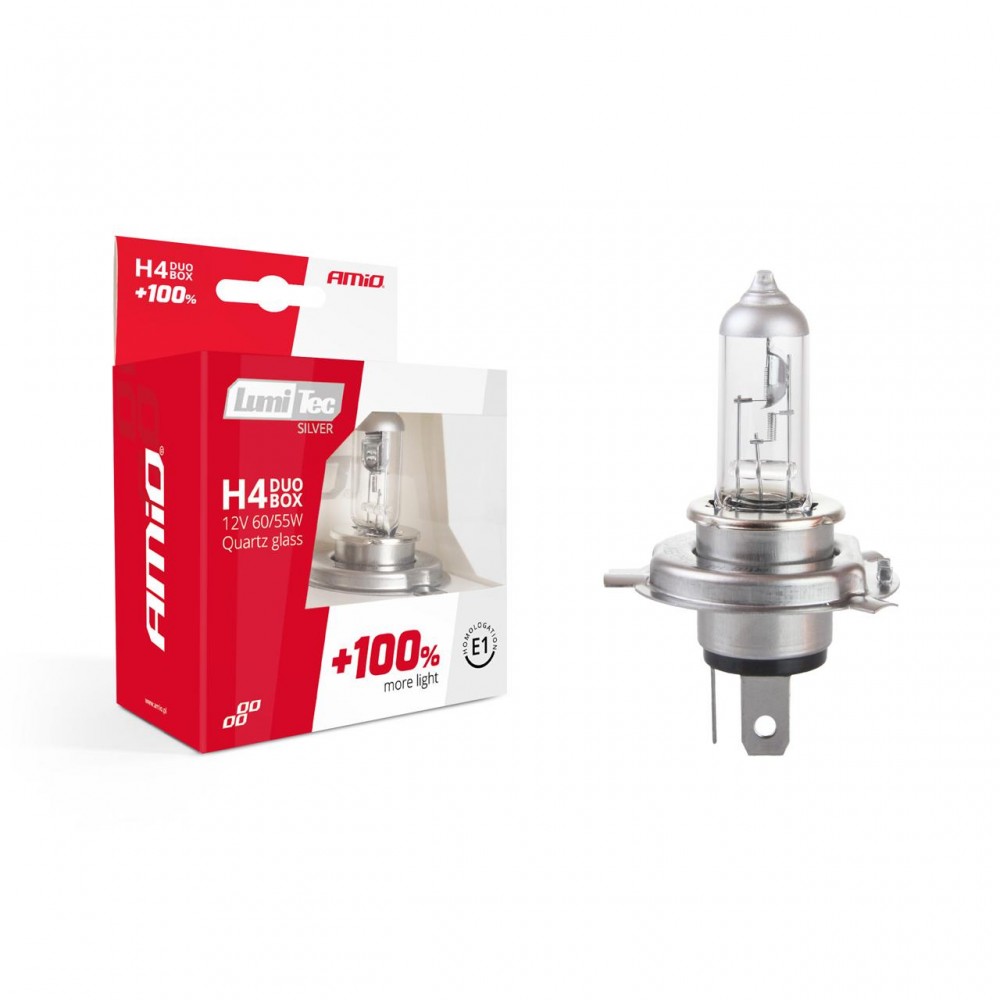 Set becuri cu halogen H4 12V 60 / 55W LumiTec SILVER + 100% DUO BOX - AVX-AM01402 - AMIO