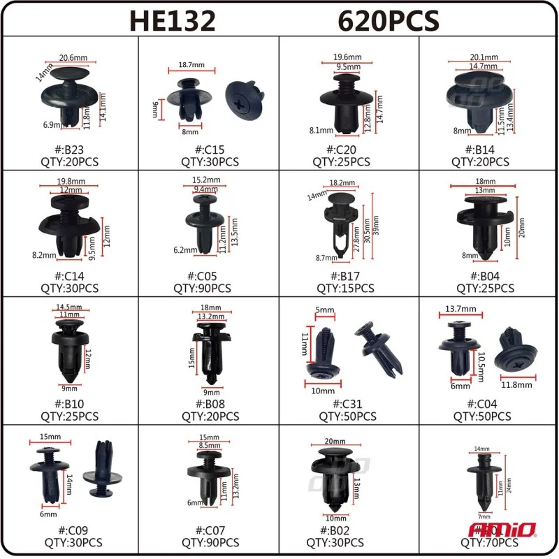 Set cleme - clipsuri reconditionare auto, 620 piese, diferite modele, AMIO