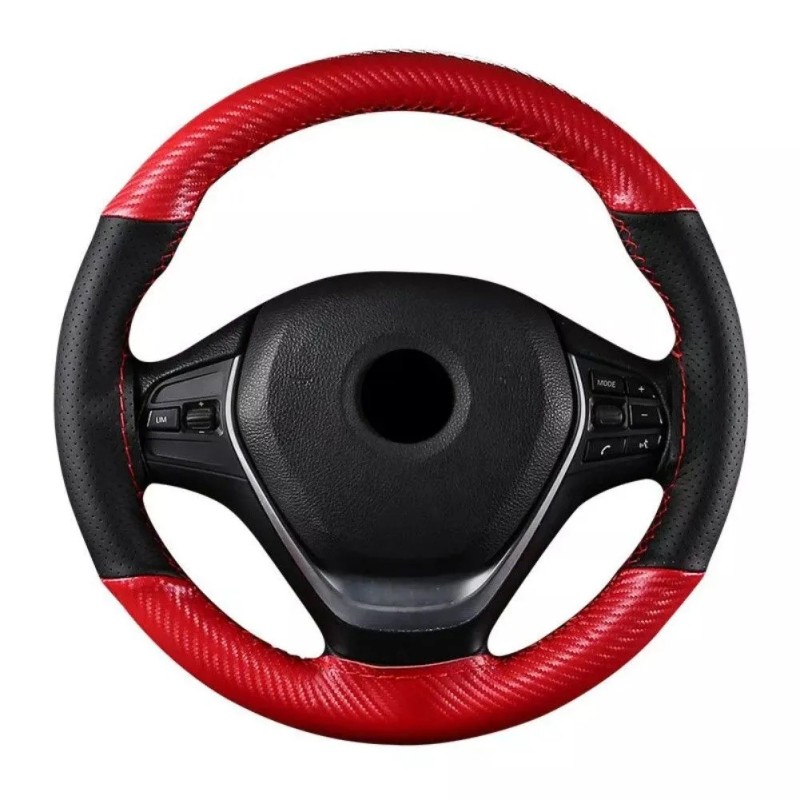 Husa volan din Piele Neagra Perforata + Carbon Red si ata rosie pentru cusut, marime M, diametru 37 - 39 cm Husa volan din Piele Neagra Perforata + Carbon Red si ata rosie pentru cusut, marime M, diametru 37 - 39 cm
