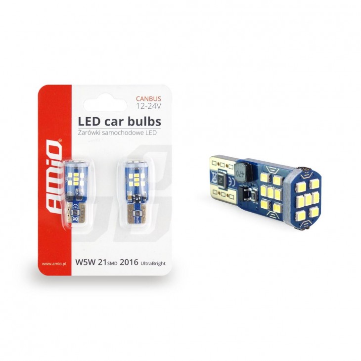 Set becuri auto cu LED CANBUS UltraBright compatibil T10 W5W 21 SMD Alb 12V/24V, destinat competitiilor auto sau off-road -  - AMIO