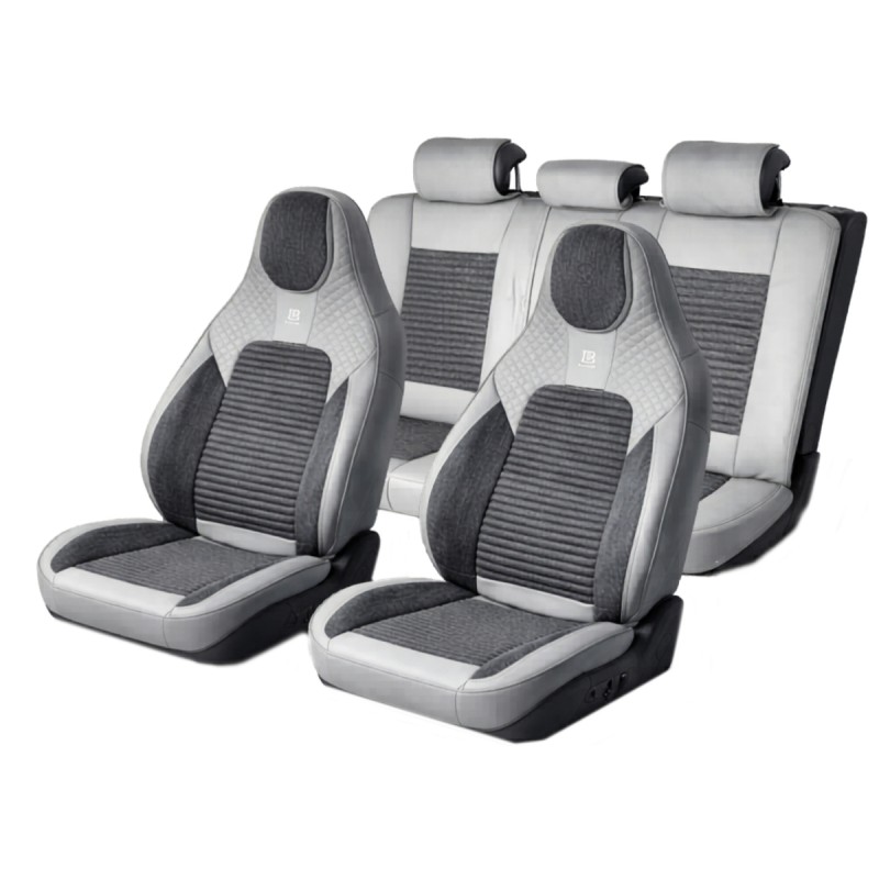 Set huse scaune auto Premium, model BLAZE Elite, design Sportiv,  universale, ergonomice, Piele Ecologica cu insertii textile, culoare Gri/Crem