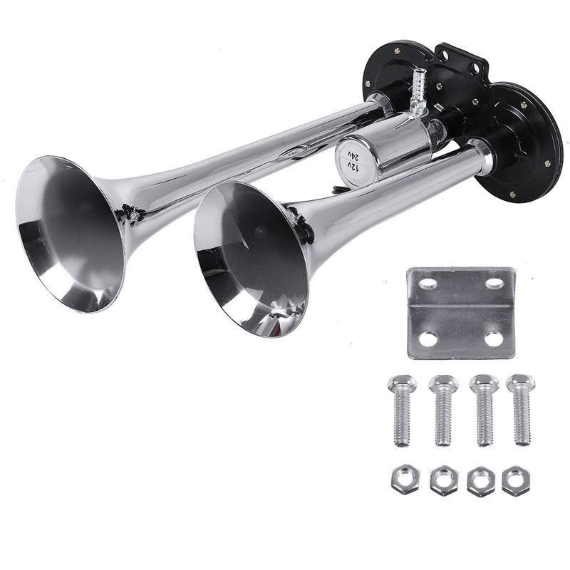 Claxon bitonal cu 2 goarne, alimentare 12/24V FARA COMPRESOR, culoare Crom/Negru Claxon bitonal cu 2 goarne, alimentare 12/24V FARA COMPRESOR, culoare Crom/Negru
