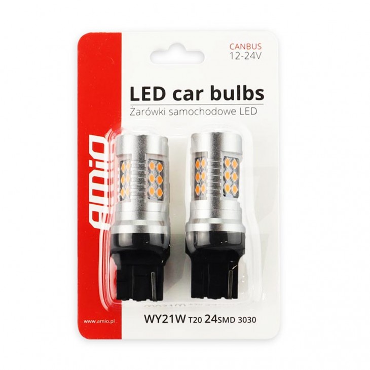 Set becuri auto cu LED CANBUS, 3030, 24SMD, compatibil T20, 7440, WY21W, Portocaliu, 12V / 24V, destinat competitiilor auto sau off-road -  - AMIO