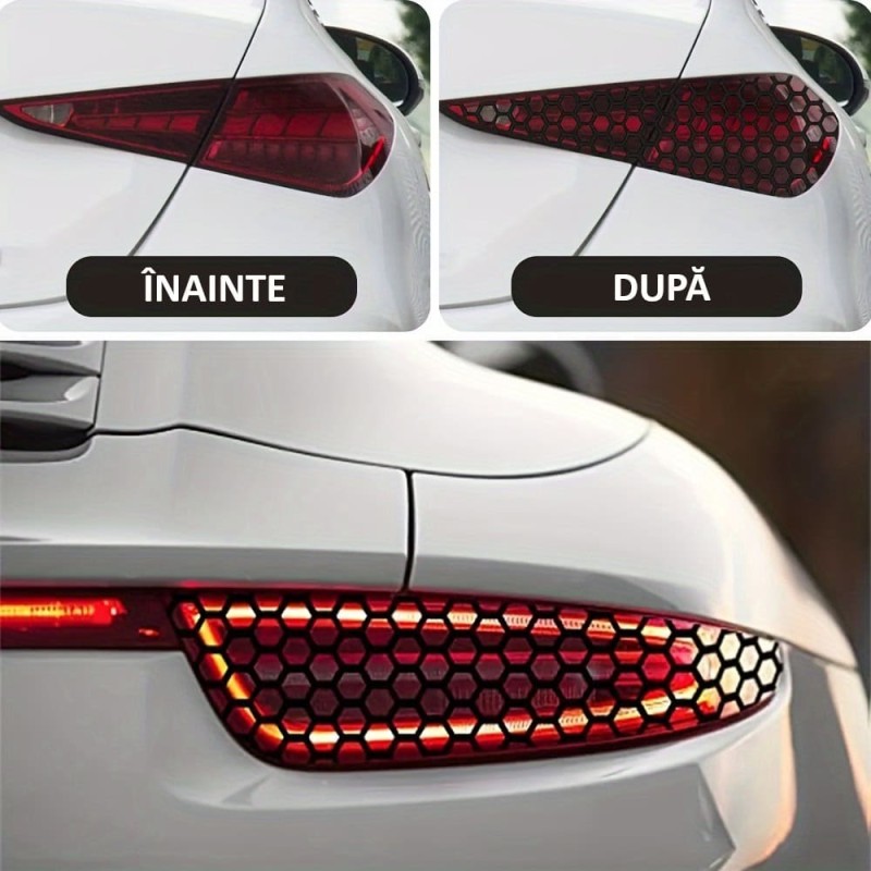 Set 2 folii autoadezive decupate pentru decorarea stopurilor auto, dimensiune 2 x 48 x 30cm, culoare Negru Mat, model HONEYCOMB Set 2 folii autoadezive decupate pentru decorarea stopurilor auto, dimensiune 2 x 48 x 30cm, culoare Negru Mat, model HONEYCOMB