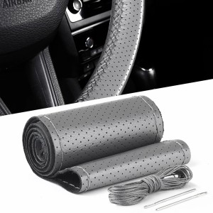 Husa volan din PIELE GRI + ATA GRI, diametru 37 - 39 cm (se coase, aspect ORIGINAL)