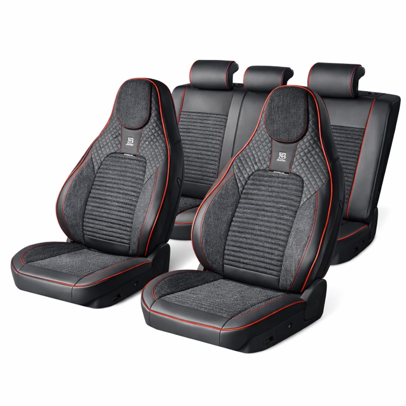 Set huse scaune auto Premium, model BLAZE Torque, design Sportiv,  universale, ergonomice, Piele Ecologica cu insertii textile, culoare Negru/Rosu