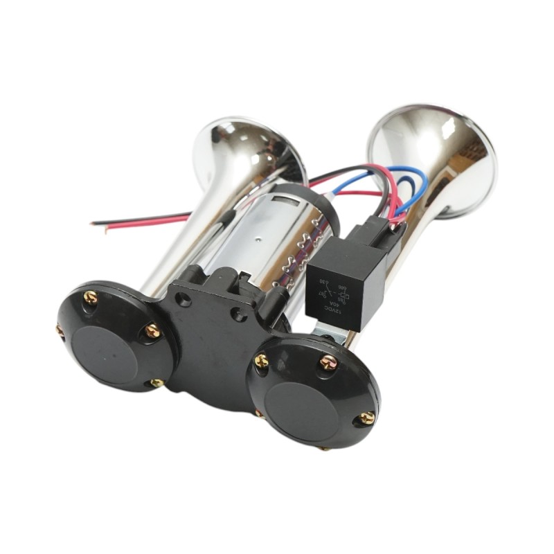 Claxon bitonal cu 2 goarne, Super Puternic, 178db, alimentare 12V, CU COMPRESOR electric inclus, culoare Crom/Negru Claxon bitonal cu 2 goarne, Super Puternic, 178db, alimentare 12V, CU COMPRESOR electric inclus, culoare Crom/Negru