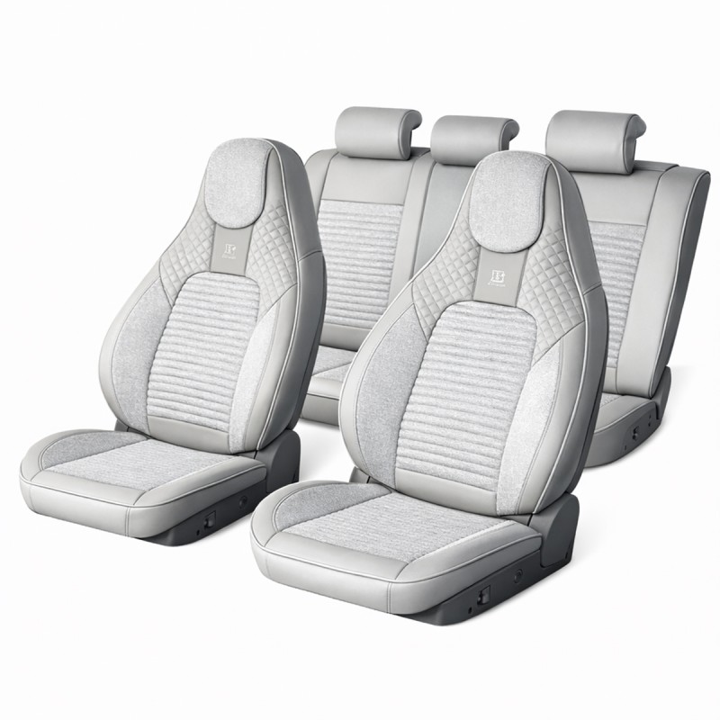 Set huse scaune auto Premium, model BLAZE Luxor, design Sportiv,  universale, ergonomice, Piele Ecologica cu insertii textile, culoare Crem/Gri