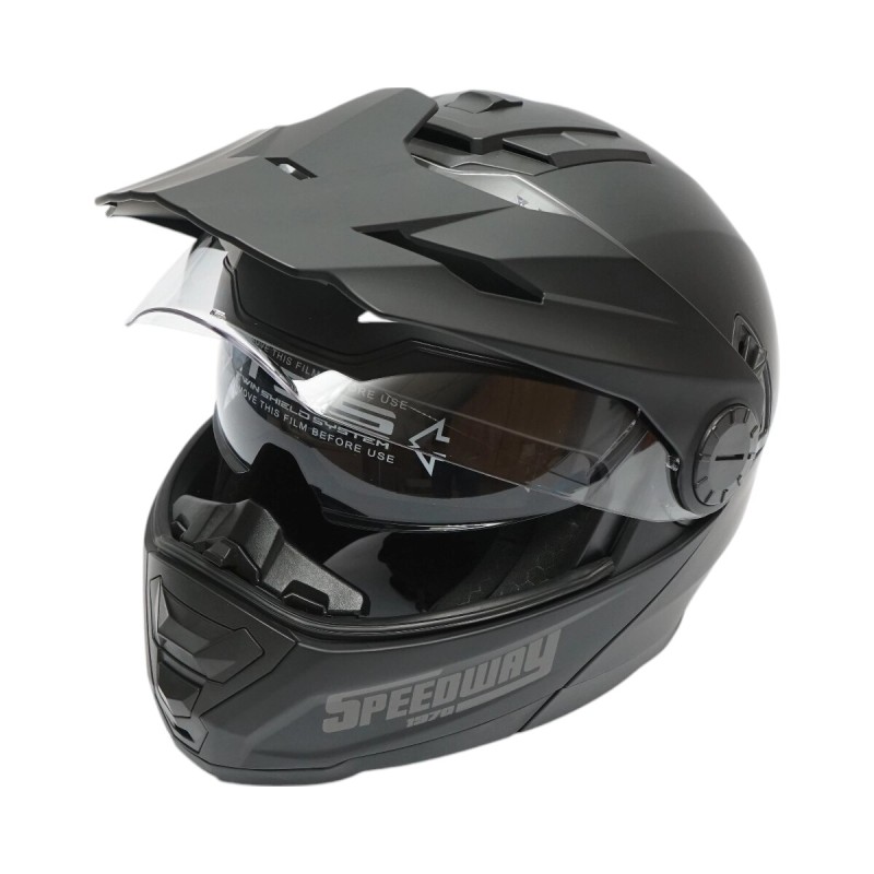 Casca motocross integrala, negru mat cu viziera transparenta si ochelari de soare marimea XL, model LION Casca motocross integrala, negru mat cu viziera transparenta si ochelari de soare marimea XL, model LION