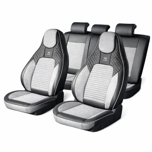 Set huse scaune auto Premium, model BLAZE Prime, design Sportiv,  universale, ergonomice, Piele Ecologica cu insertii textile, culoare Negru/Gri