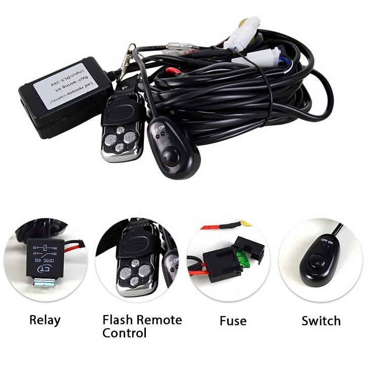 Cablaj pentru proiectoare LED cu telecomanda, functii strobo, relee si sigurante incluse, alimentare 12V Cablaj pentru proiectoare LED cu telecomanda, functii strobo, relee si sigurante incluse, alimentare 12V