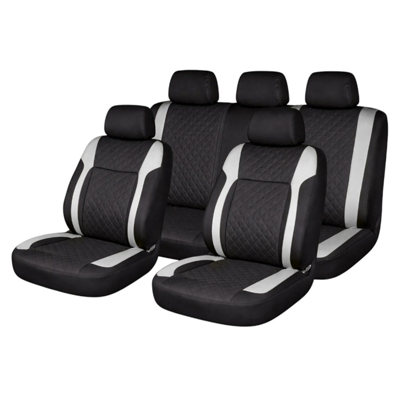 Set huse scaune auto Premium, model DIAMOND Core, design Sportiv,  universale, ergonomice, Piele Ecologica Matlasata, culoare Negru/Gri