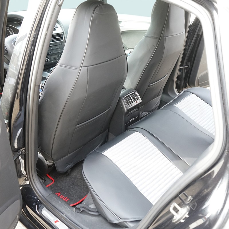 Set huse scaune auto Premium, model BLAZE Prime, design Sportiv,  universale, ergonomice, Piele Ecologica cu insertii textile, culoare Negru/Gri