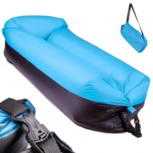 Saltea Autogonflabila Lazy Bag tip sezlong, 185 x 70cm, culoare Negru-Albastru, pentru camping, plaja sau piscina