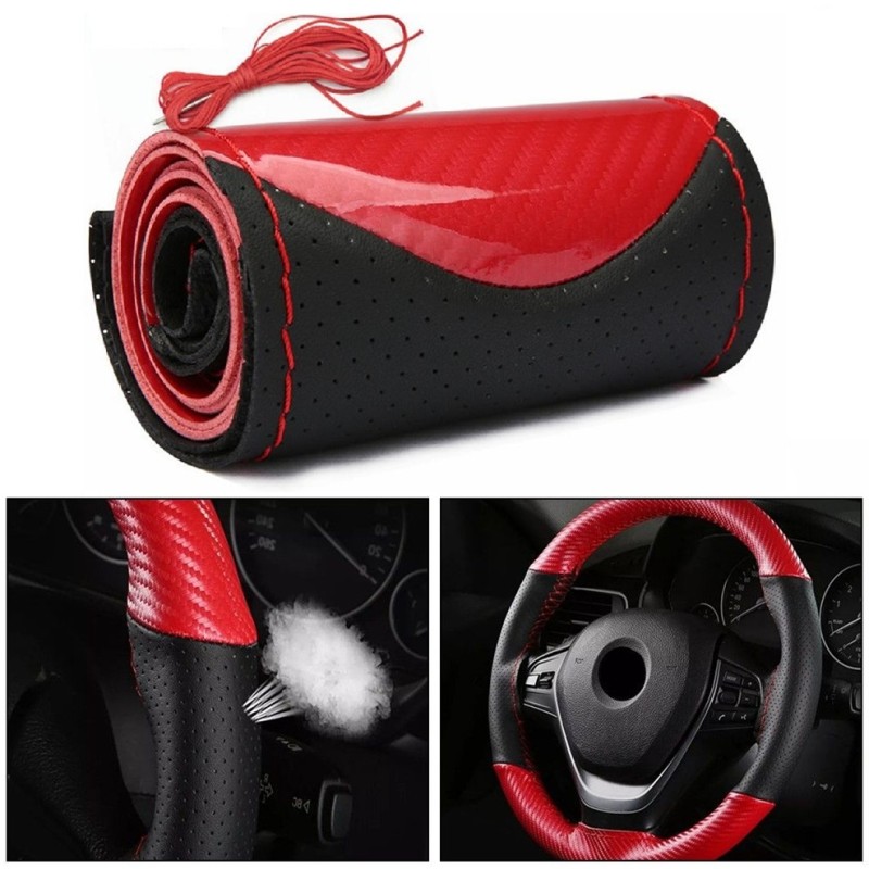 Husa volan din Piele Neagra Perforata + Carbon Red si ata rosie pentru cusut, marime M, diametru 37 - 39 cm Husa volan din Piele Neagra Perforata + Carbon Red si ata rosie pentru cusut, marime M, diametru 37 - 39 cm