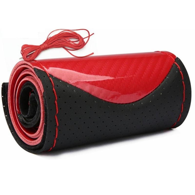 Husa volan din Piele Neagra Perforata + Carbon Red si ata rosie pentru cusut, marime M, diametru 37 - 39 cm Husa volan din Piele Neagra Perforata + Carbon Red si ata rosie pentru cusut, marime M, diametru 37 - 39 cm