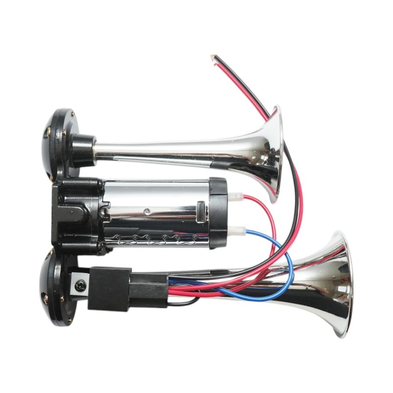 Claxon bitonal cu 2 goarne, Super Puternic, 178db, alimentare 12V, CU COMPRESOR electric inclus, culoare Crom/Negru Claxon bitonal cu 2 goarne, Super Puternic, 178db, alimentare 12V, CU COMPRESOR electric inclus, culoare Crom/Negru