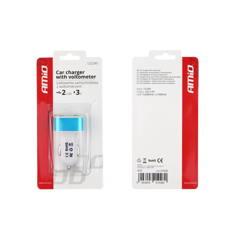 Incarcator auto 2xUSB cu Voltmetru Digital - AVX-AM01028 - AMIO
