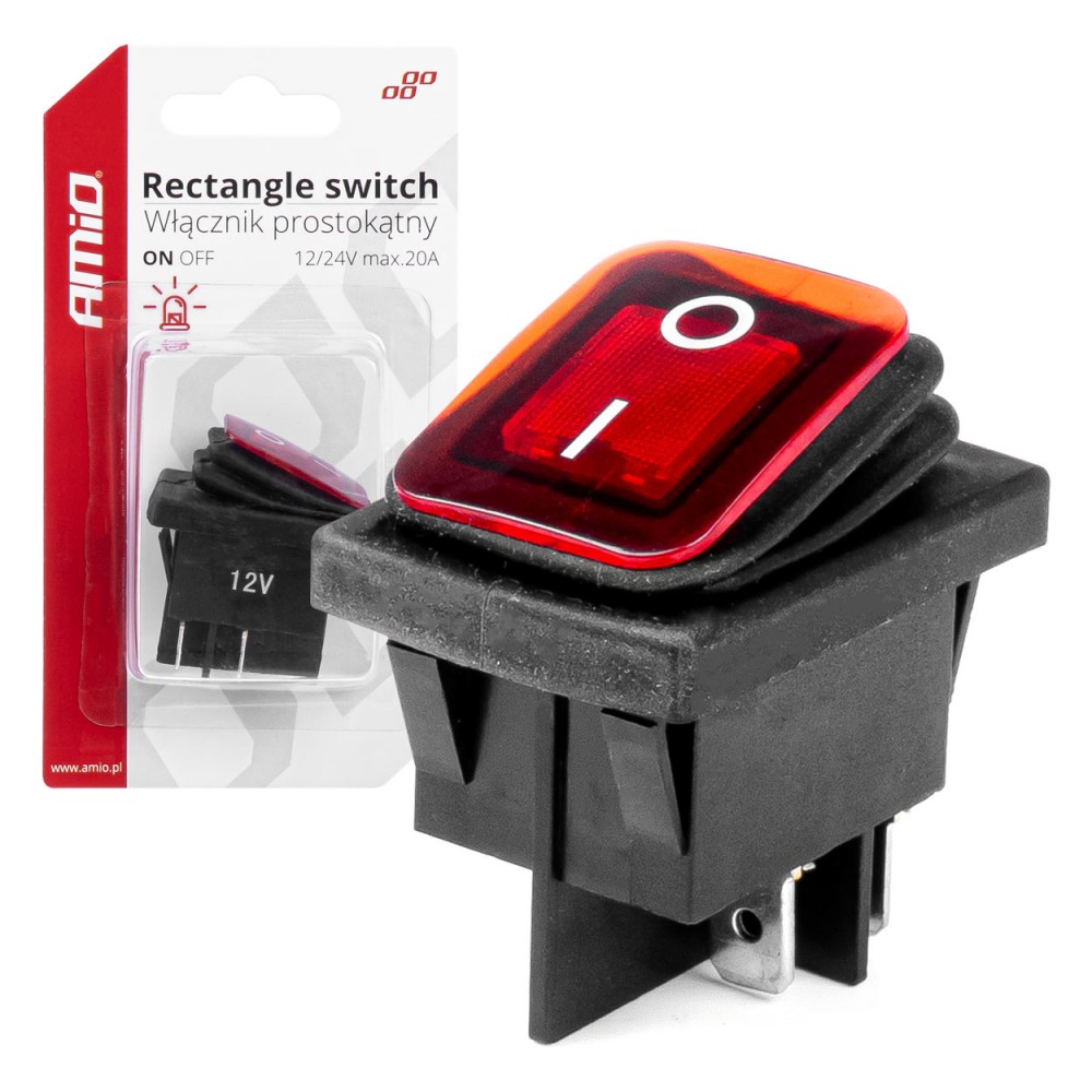 Intrerupator On/Off, 12/24V, dreptunghiular, waterproof, iluminat culoare Rosu, destinatie auto, utilitare, Off-Road, ATV, SSV, QUAD - AVX-AM03092 - AMIO