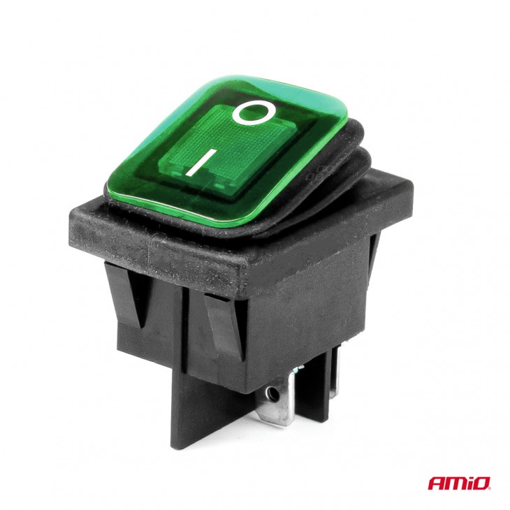 Intrerupator On/Off, 12/24V, dreptunghiular, waterproof, iluminat culoare Verde, destinatie auto, utilitare, Off-Road, ATV, SSV, QUAD - AVX-AM03090 - AMIO