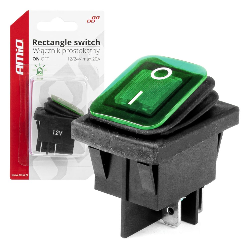 Intrerupator On/Off, 12/24V, dreptunghiular, waterproof, iluminat culoare Verde, destinatie auto, utilitare, Off-Road, ATV, SSV, QUAD - AVX-AM03090 - AMIO