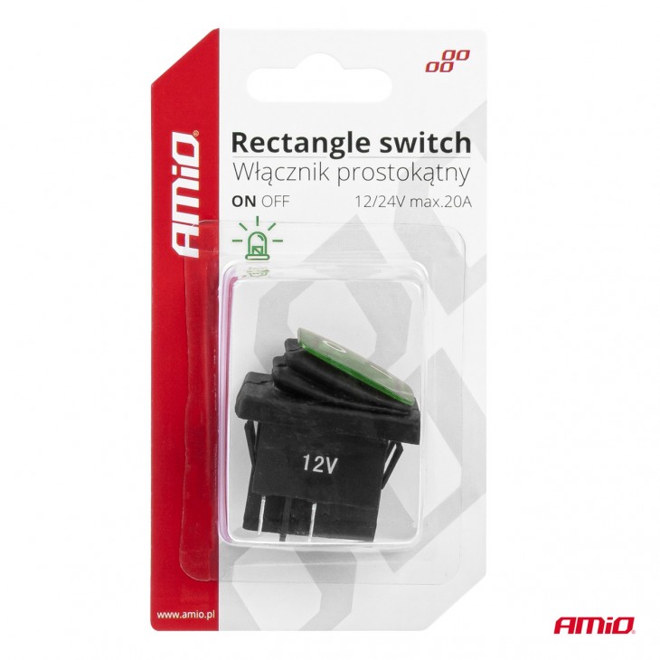 Intrerupator On/Off, 12/24V, dreptunghiular, waterproof, iluminat culoare Verde, destinatie auto, utilitare, Off-Road, ATV, SSV, QUAD - AVX-AM03090 - AMIO